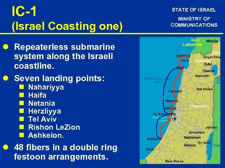 IC-1 (Israel Coasting one) l Repeaterless submarine system along the Israeli coastline. l Seven