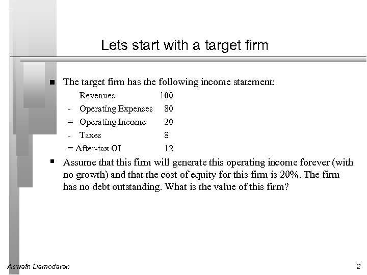 Lets start with a target firm The target firm has the following income statement: