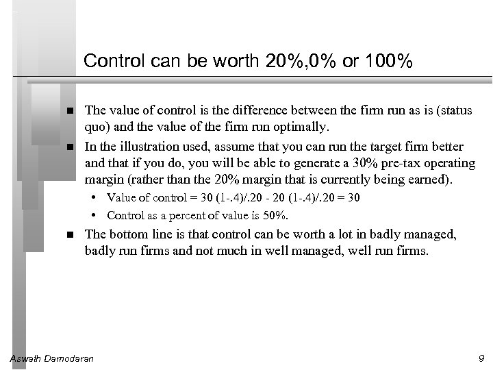 Control can be worth 20%, 0% or 100% The value of control is the