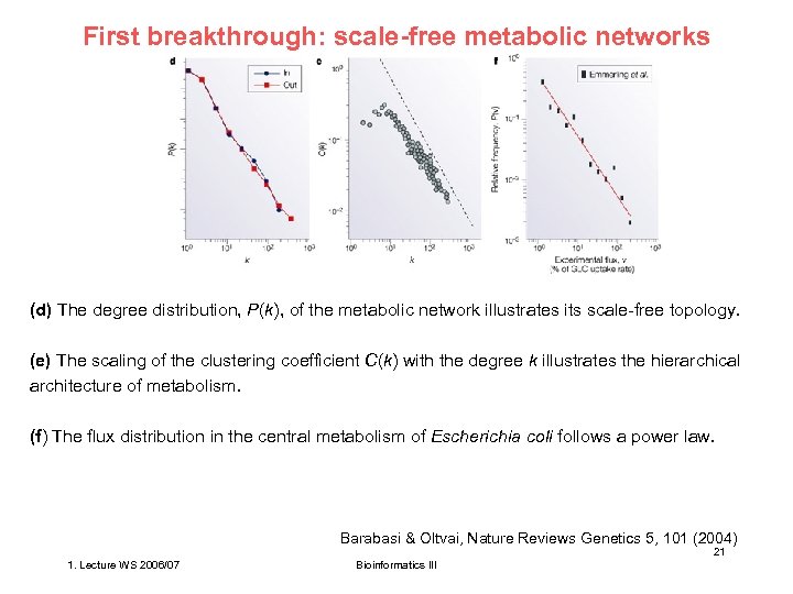 First breakthrough: scale-free metabolic networks (d) The degree distribution, P(k), of the metabolic network