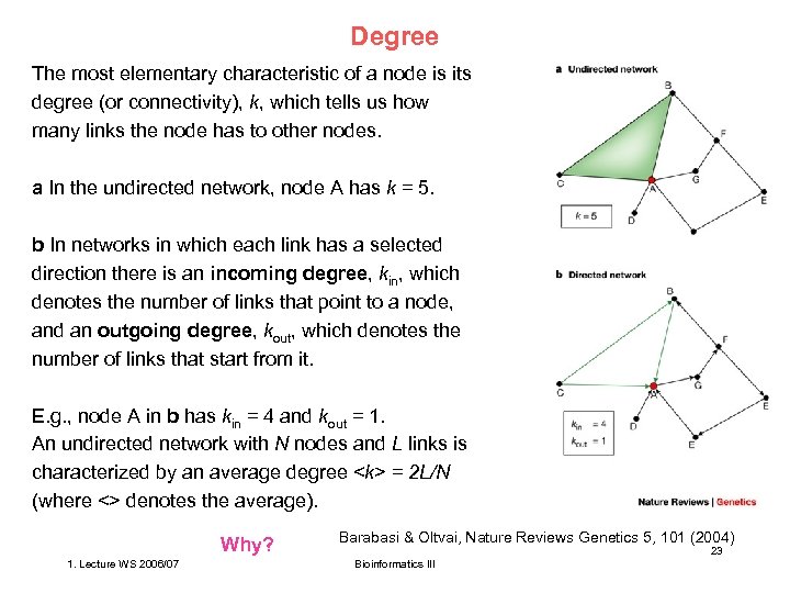 Degree The most elementary characteristic of a node is its degree (or connectivity), k,