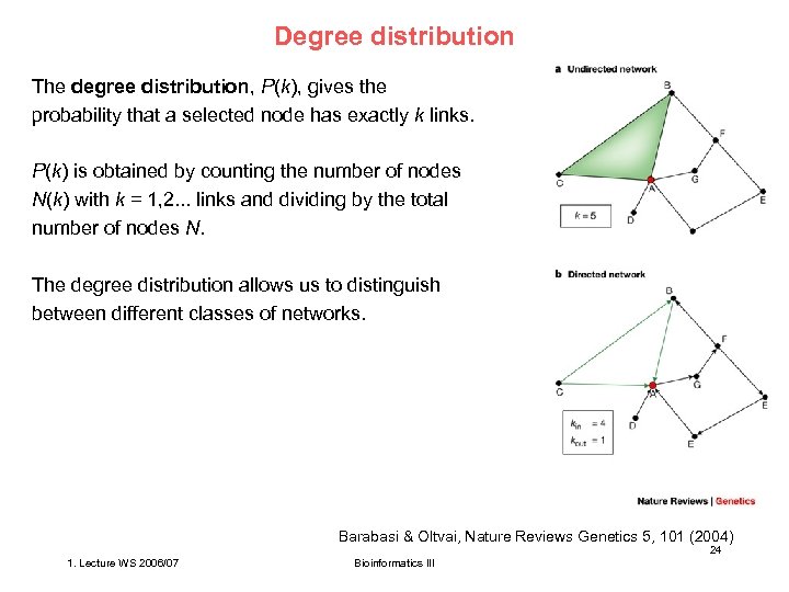 Degree distribution The degree distribution, P(k), gives the probability that a selected node has