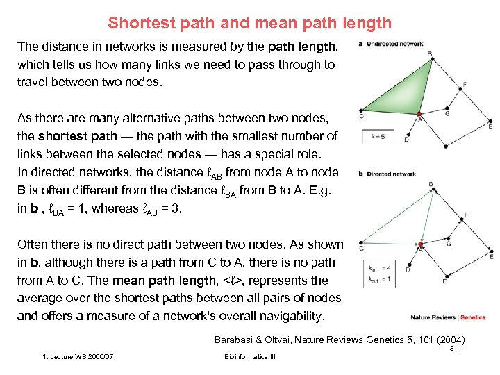 Shortest path and mean path length The distance in networks is measured by the