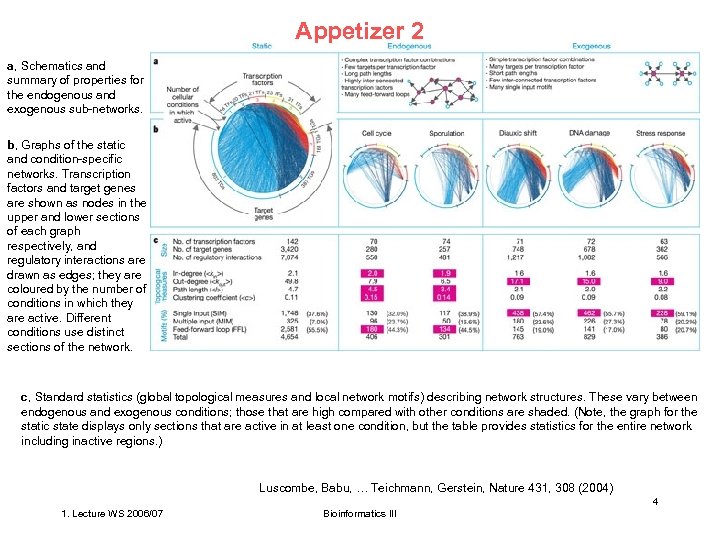 Appetizer 2 a, Schematics and summary of properties for the endogenous and exogenous sub-networks.