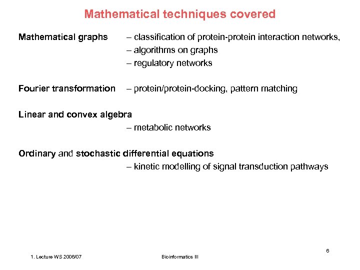 Mathematical techniques covered Mathematical graphs – classification of protein-protein interaction networks, – algorithms on