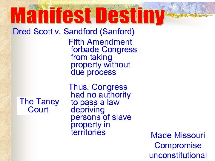 Dred Scott v. Sandford (Sanford) Fifth Amendment forbade Congress from taking property without due