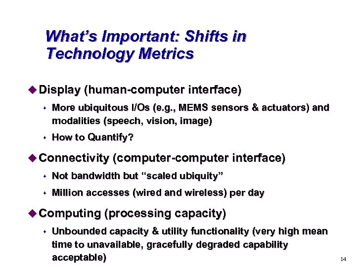 What’s Important: Shifts in Technology Metrics u Display (human-computer interface) s More ubiquitous I/Os