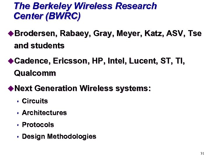 The Berkeley Wireless Research Center (BWRC) u. Brodersen, Rabaey, Gray, Meyer, Katz, ASV, Tse