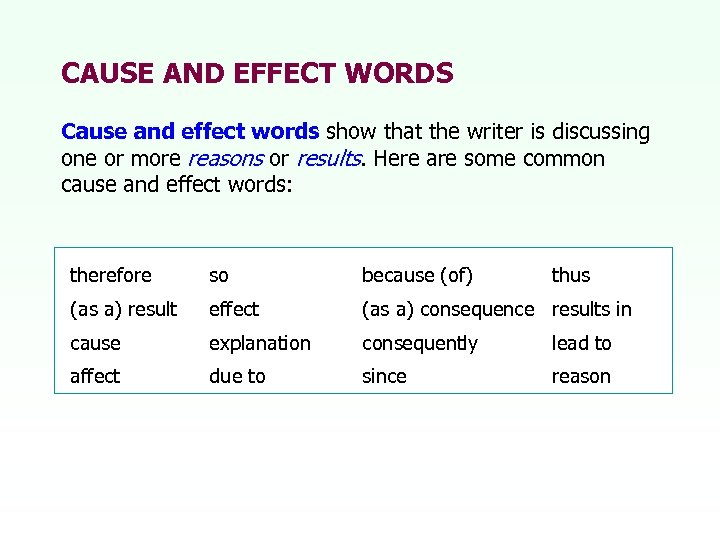 CAUSE AND EFFECT WORDS Cause and effect words show that the writer is discussing