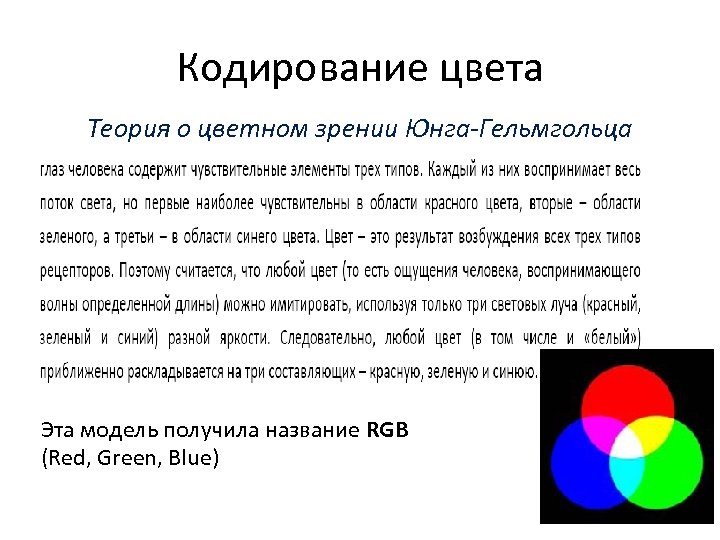 Кодирование цвета Теория о цветном зрении Юнга-Гельмгольца Эта модель получила название RGB (Red, Green,