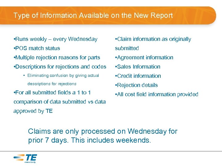 Type of Information Available on the New Report • Runs weekly – every Wednesday