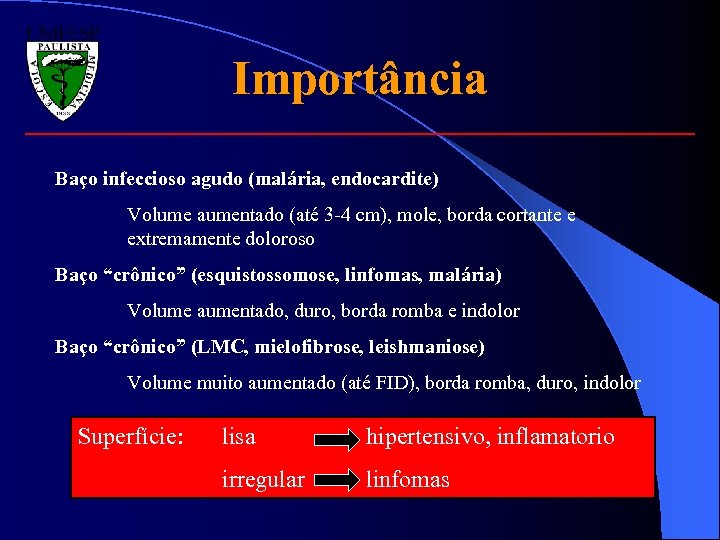 Importância Baço infeccioso agudo (malária, endocardite) Volume aumentado (até 3 -4 cm), mole, borda