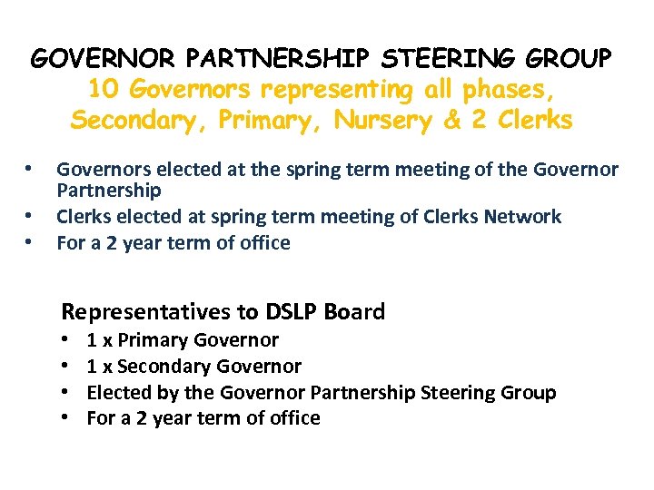 GOVERNOR PARTNERSHIP STEERING GROUP 10 Governors representing all phases, Secondary, Primary, Nursery & 2