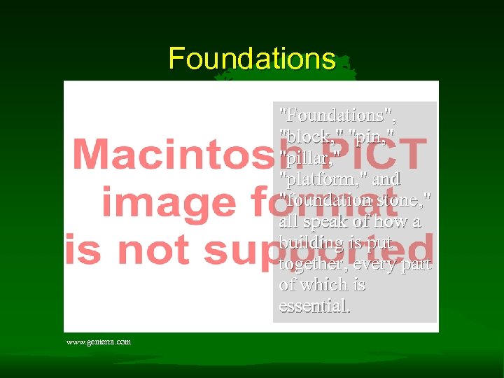 Foundations "Foundations", "block, " "pin, " "pillar, " "platform, " and "foundation stone, "