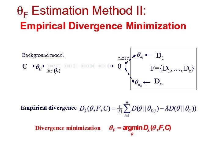  F Estimation Method II: Empirical Divergence Minimization Background model close C far (