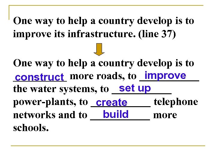 One way to help a country develop is to improve its infrastructure. (line 37)