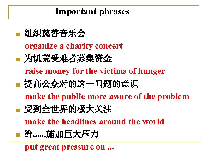 Important phrases 组织慈善音乐会 organize a charity concert n 为饥荒受难者募集资金 raise money for the victims