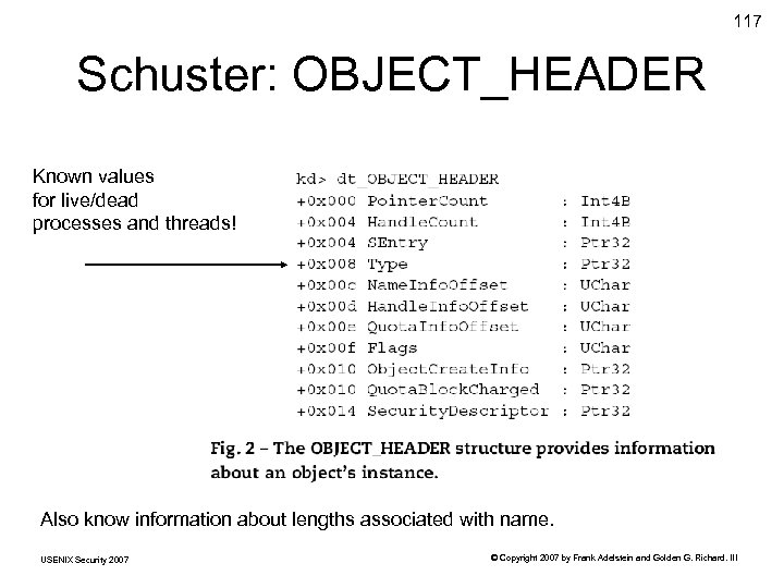 117 Schuster: OBJECT_HEADER Known values for live/dead processes and threads! Also know information about