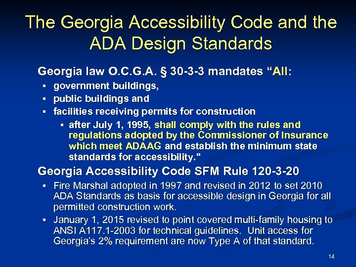 The Georgia Accessibility Code and the ADA Design Standards Georgia law O. C. G.