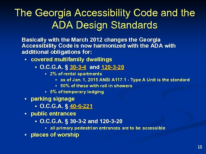 The Georgia Accessibility Code and the ADA Design Standards Basically with the March 2012