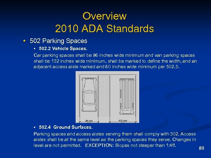 Overview 2010 ADA Standards • 502 Parking Spaces § 502. 2 Vehicle Spaces. Car