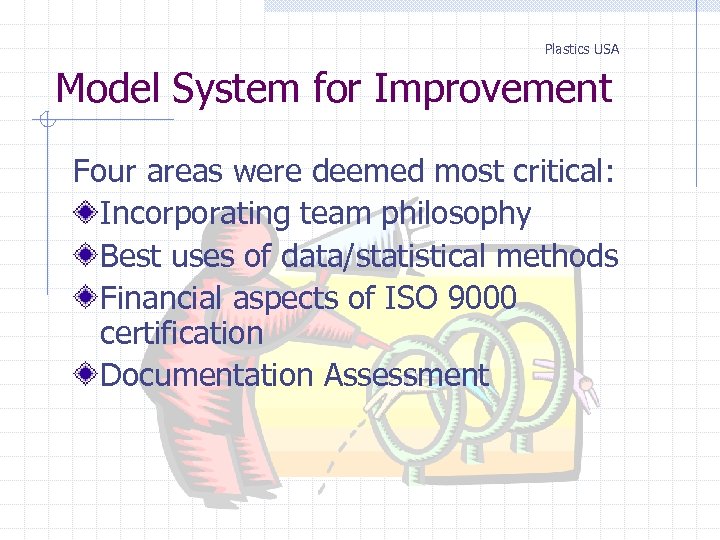 Plastics USA Model System for Improvement Four areas were deemed most critical: Incorporating team