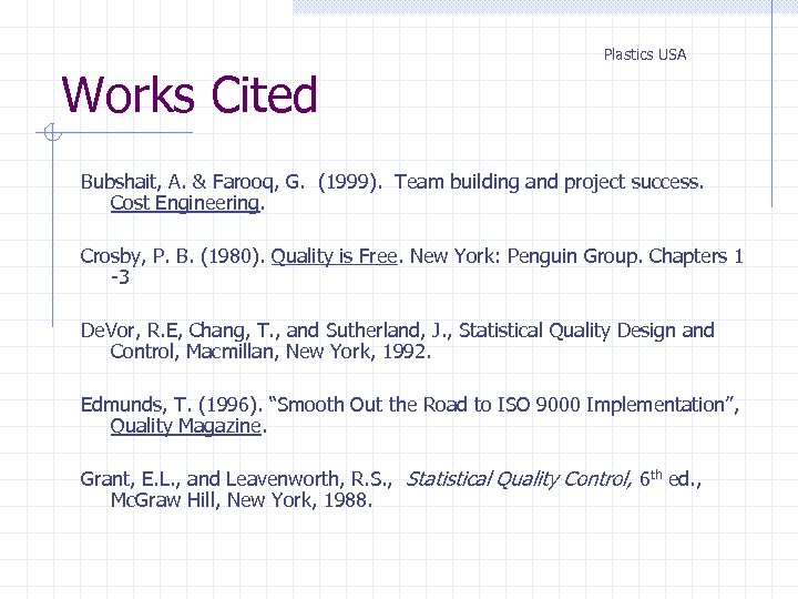 Plastics USA Works Cited Bubshait, A. & Farooq, G. (1999). Team building and project
