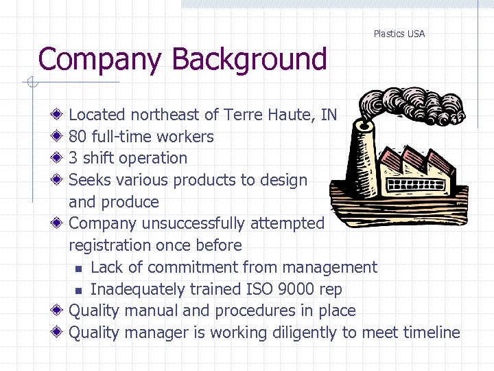 Plastics USA Company Background Located northeast of Terre Haute, IN 80 full-time workers 3