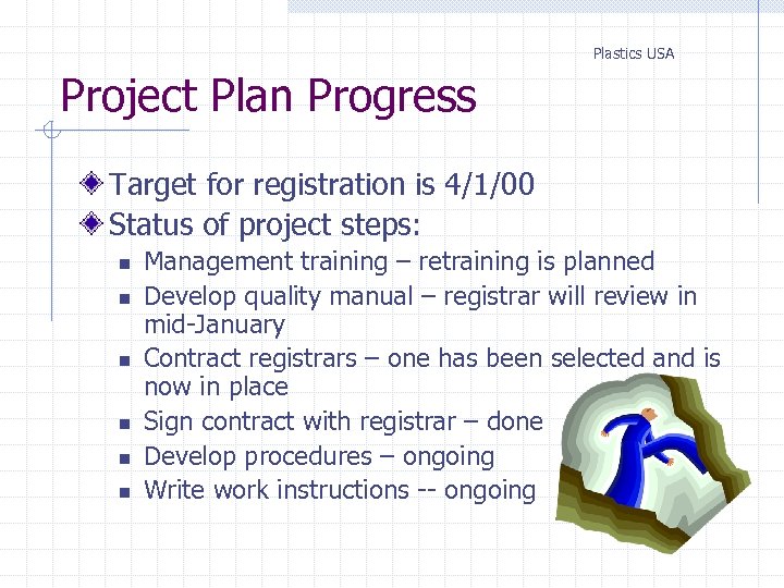Plastics USA Project Plan Progress Target for registration is 4/1/00 Status of project steps: