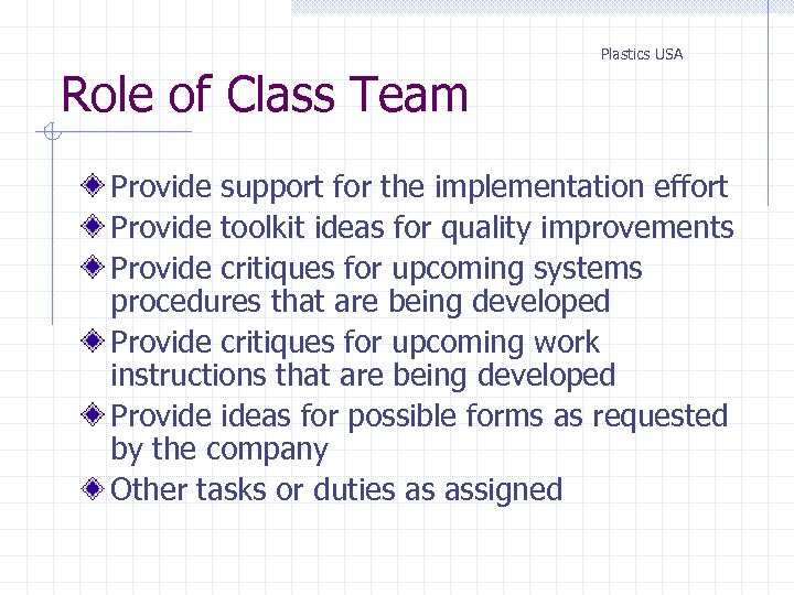 Plastics USA Role of Class Team Provide support for the implementation effort Provide toolkit