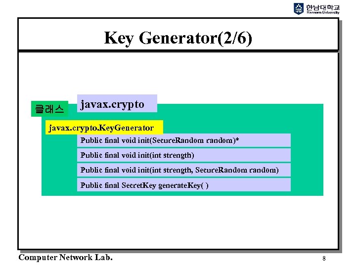 Key Generator(2/6) 클래스 javax. crypto. Key. Generator Public final void init(Secure. Random random)* Public