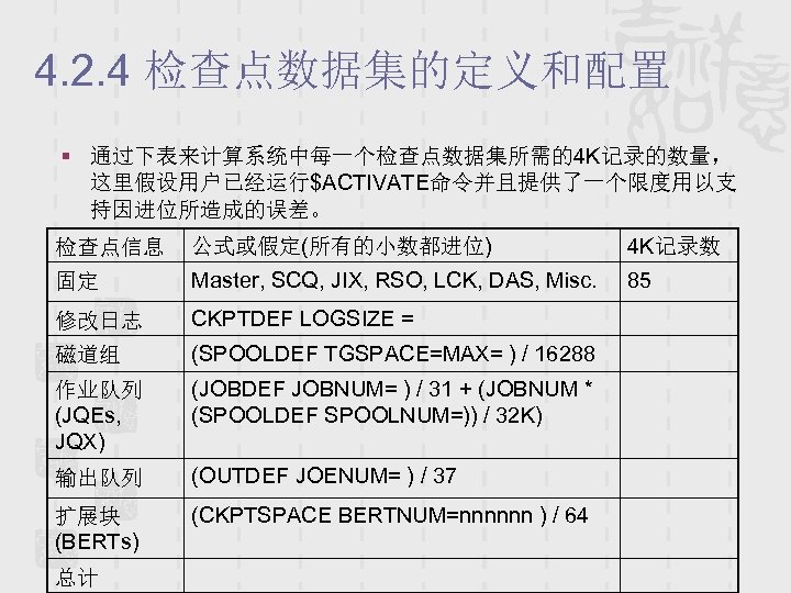4. 2. 4 检查点数据集的定义和配置 § 通过下表来计算系统中每一个检查点数据集所需的4 K记录的数量， 这里假设用户已经运行$ACTIVATE命令并且提供了一个限度用以支 持因进位所造成的误差。 检查点信息 公式或假定(所有的小数都进位) 4 K记录数 固定