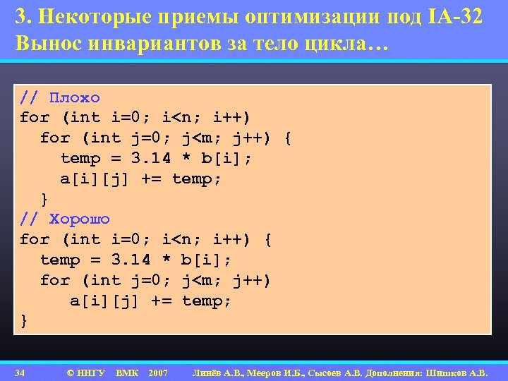 3. Некоторые приемы оптимизации под IA-32 Вынос инвариантов за тело цикла… // Плохо for