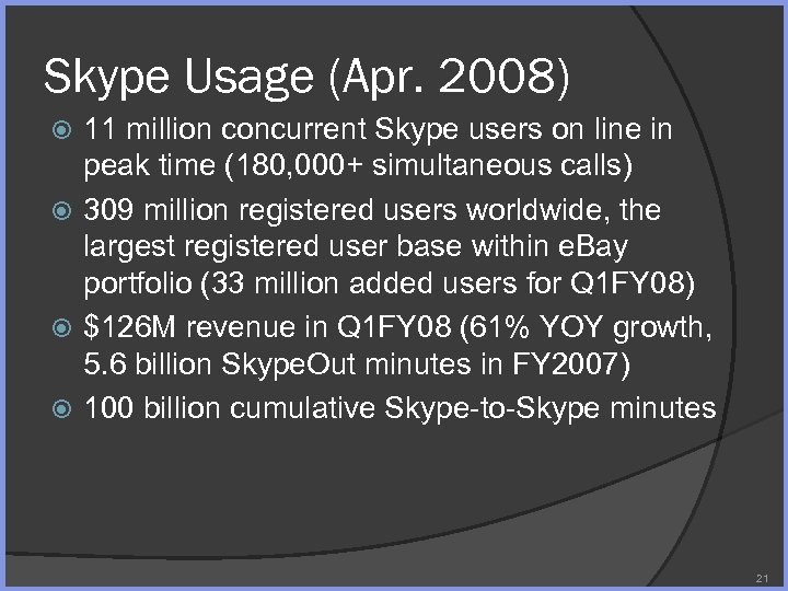 Skype Usage (Apr. 2008) 11 million concurrent Skype users on line in peak time