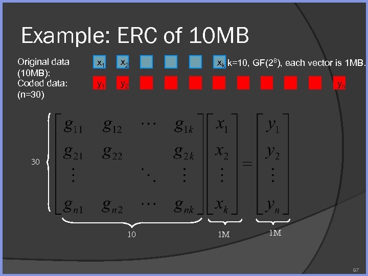 Example: ERC of 10 MB Original data (10 MB): Coded data: (n=30) x 1