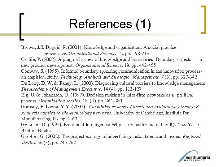 References (1) Brown, J. S. Duguid, P. (2001). Knowledge and organisation: A social practise