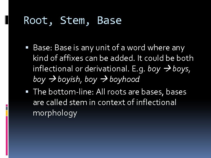 Root, Stem, Base: Base is any unit of a word where any kind of