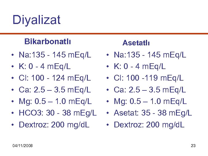 Diyalizat Bikarbonatlı • • Na: 135 - 145 m. Eq/L K: 0 - 4