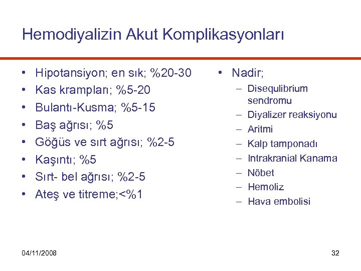 Hemodiyalizin Akut Komplikasyonları • • Hipotansiyon; en sık; %20 -30 Kas krampları; %5 -20