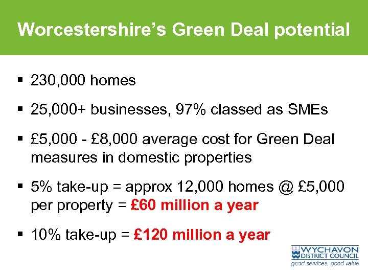 Worcestershire’s Green Deal potential § 230, 000 homes § 25, 000+ businesses, 97% classed