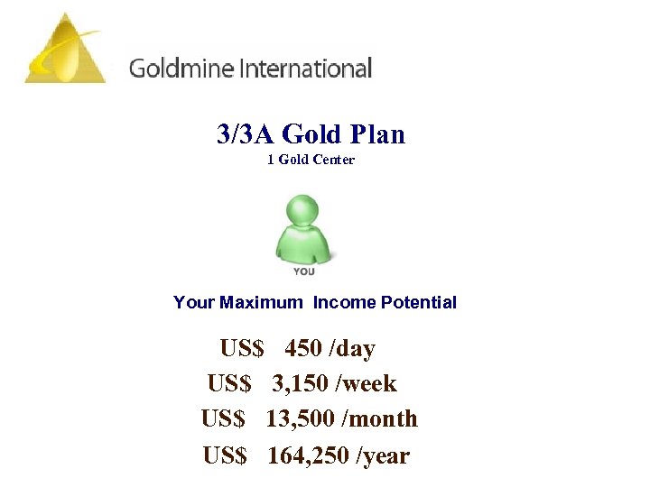 3/3 A Gold Plan 1 Gold Center Your Maximum Income Potential US$ 450 /day