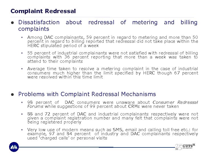 Complaint Redressal ● Dissatisfaction complaints about redressal of metering and billing § Among DAC