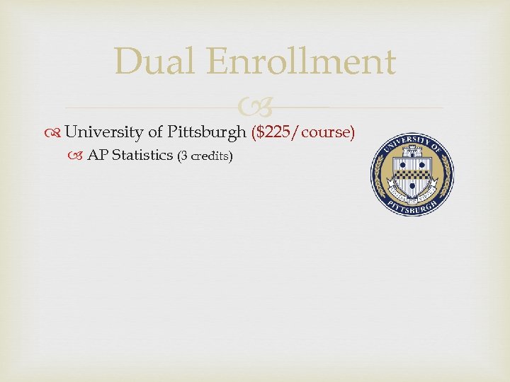 Dual Enrollment University of Pittsburgh ($225/course) AP Statistics (3 credits) 
