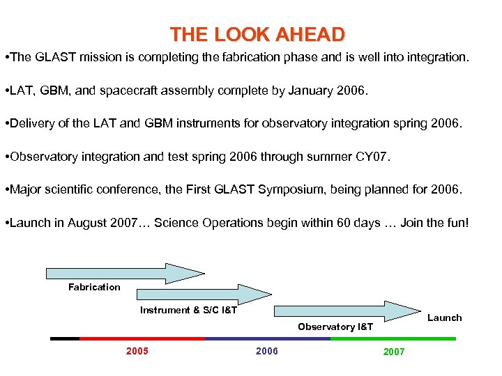 THE LOOK AHEAD • The GLAST mission is completing the fabrication phase and is