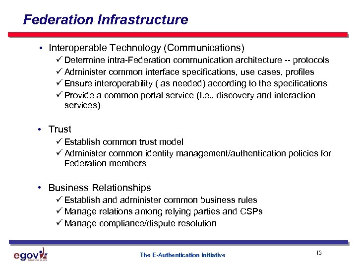Federation Infrastructure • Interoperable Technology (Communications) ü Determine intra-Federation communication architecture -- protocols ü