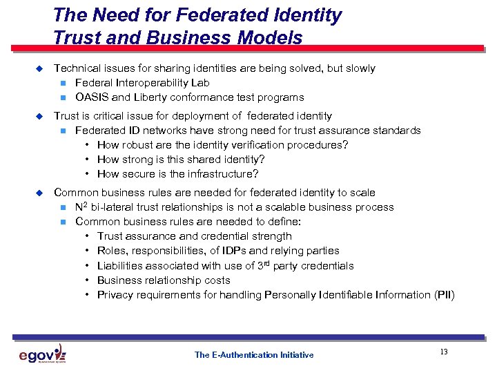 The Need for Federated Identity Trust and Business Models u Technical issues for sharing