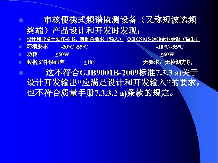 l 审核便携式频谱监测设备（又称短波选频 终端）产品设计和开发时发现： l 设计和开发计划任务书、研制总要求（输入） Q/BCN 015 -2008企业标准（输出） 环境要求 -20℃~55℃ l 功耗 ≤ 50