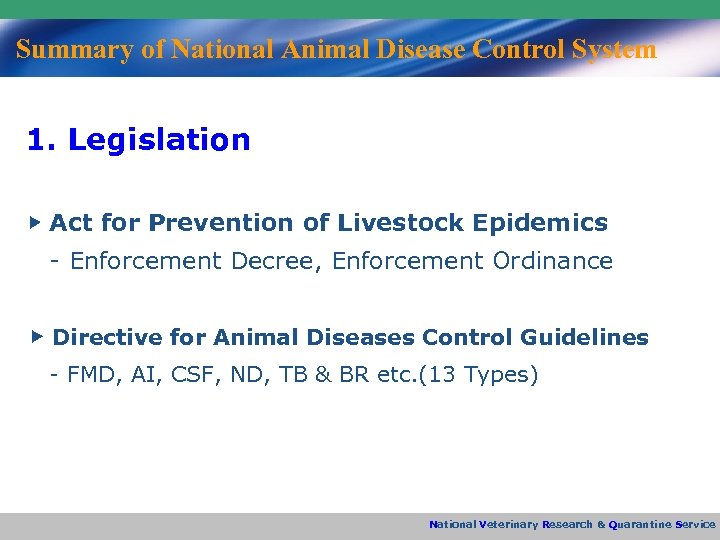 Summary of National Animal Disease Control System 1. Legislation ▶ Act for Prevention of