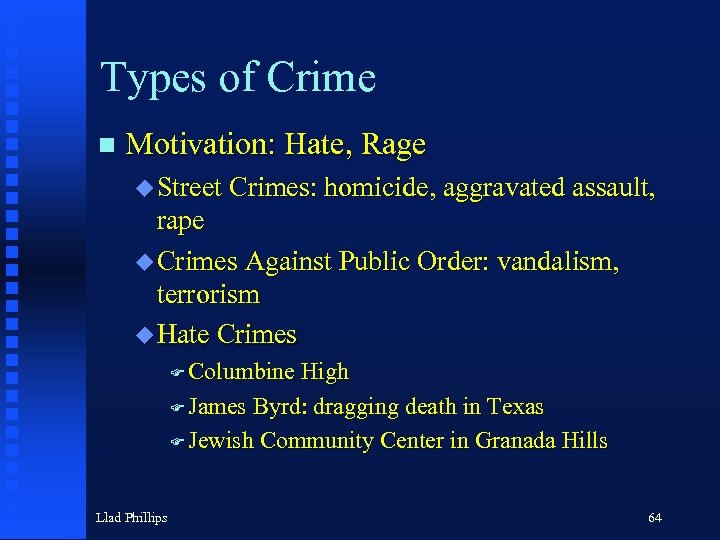 Types of Crime n Motivation: Hate, Rage u Street Crimes: homicide, aggravated assault, rape