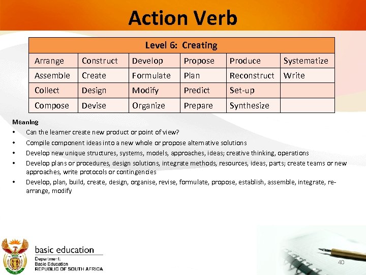 Action Verb Level 6: Creating Arrange Construct Develop Propose Produce Systematize Assemble Create Formulate